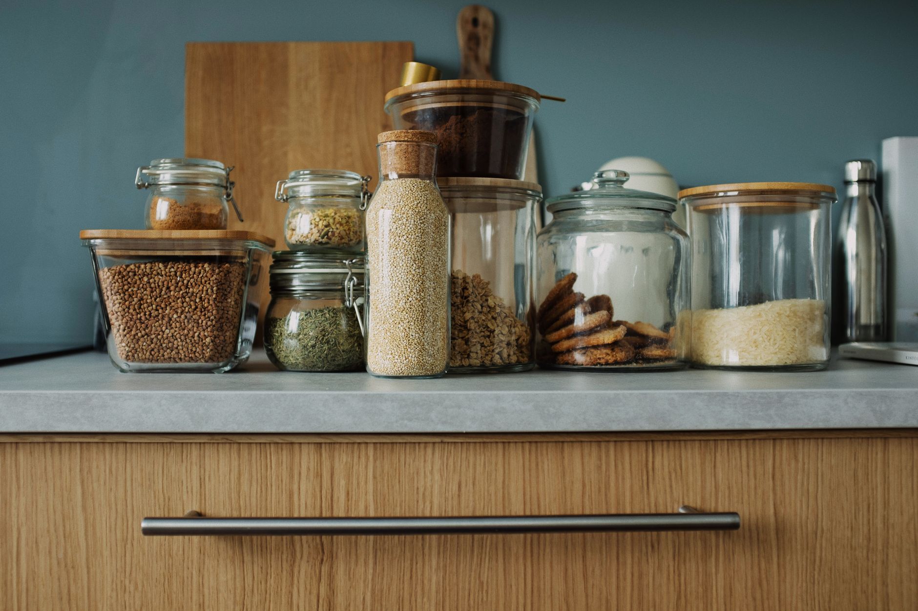 grab-and-go breakfast on the go in glass meal prep containers with eggs and oats